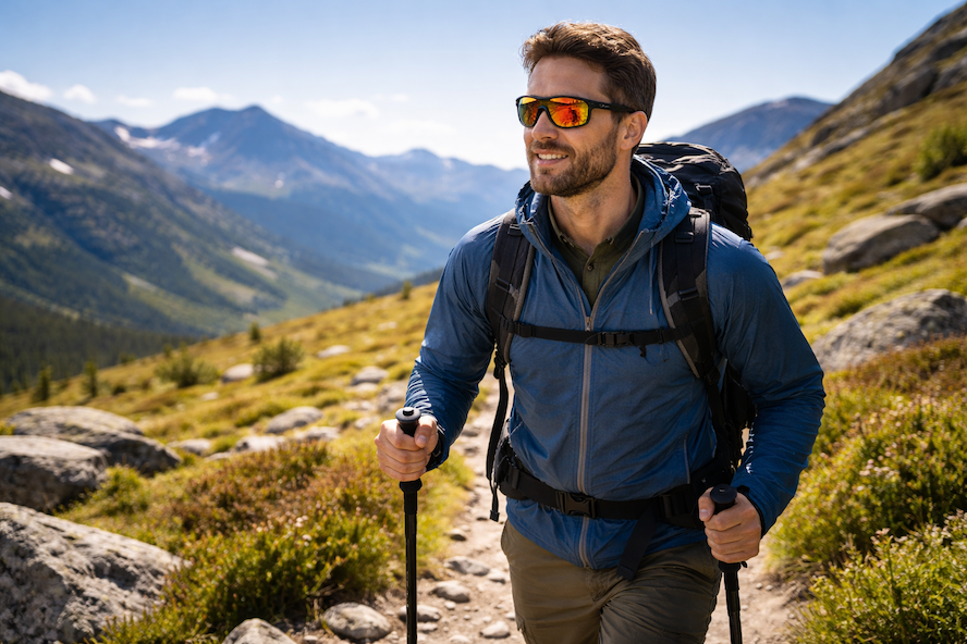 vandrare-med-sportglasogon-pa-solig-fjallvandring-16×9 Vandrare med sportglasögon och ryggsäck på solig fjällvandring med fjällandskap i bakgrunden.